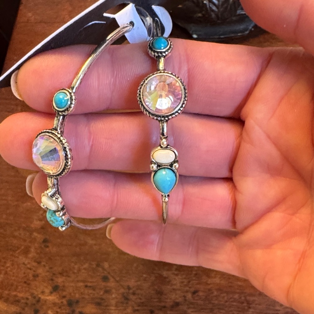 Turquoise and pink iridescent crystal beaded silvertone earrings